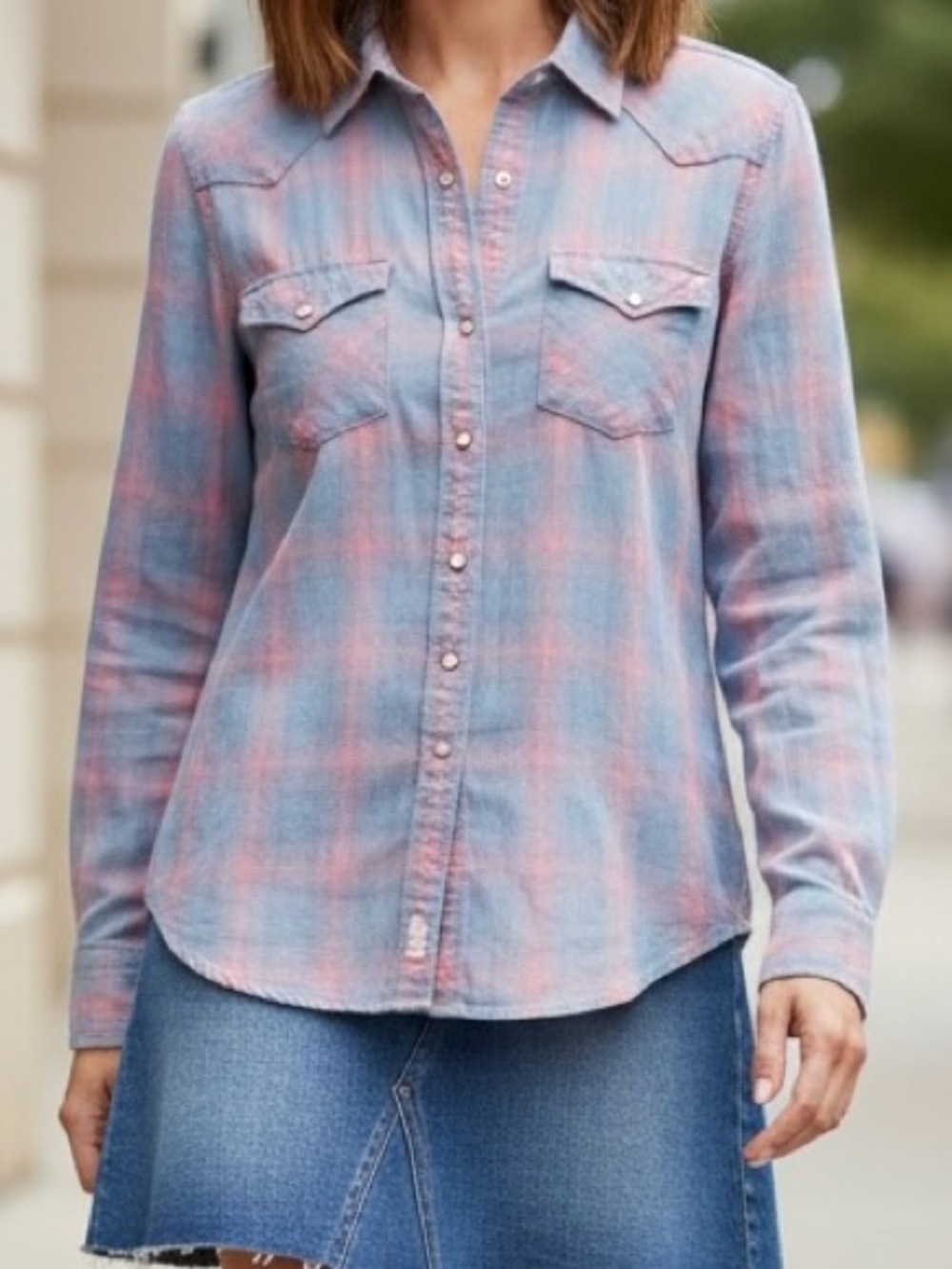 J Crew Blue and Pink Plaid Western Pearl Snap Button Long Sleeve Shirt NWT